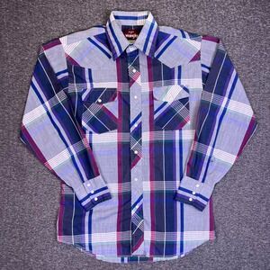 Vintage Wrangler Western Shirt Mens S Plaid Long Sleeve Snap Button Pearl Snap